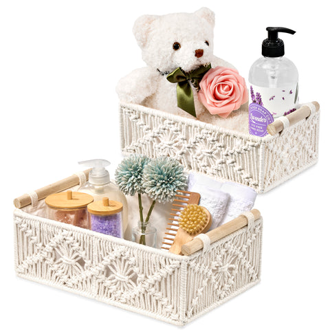 The Sorbus Macrame Basket Set is a stylish and practical solution for organizing nursery essentials. This set includes two small, rectangular baskets made from woven macrame material, designed to hold items like diapers, baby clothes, toys, and linens The Sorbus Macrame Basket Set is a stylish and practical solution for organizing nursery essentials. This set includes two small, rectangular baskets made from woven macrame material, designed to hold items like diapers, baby clothes, toys, and linens