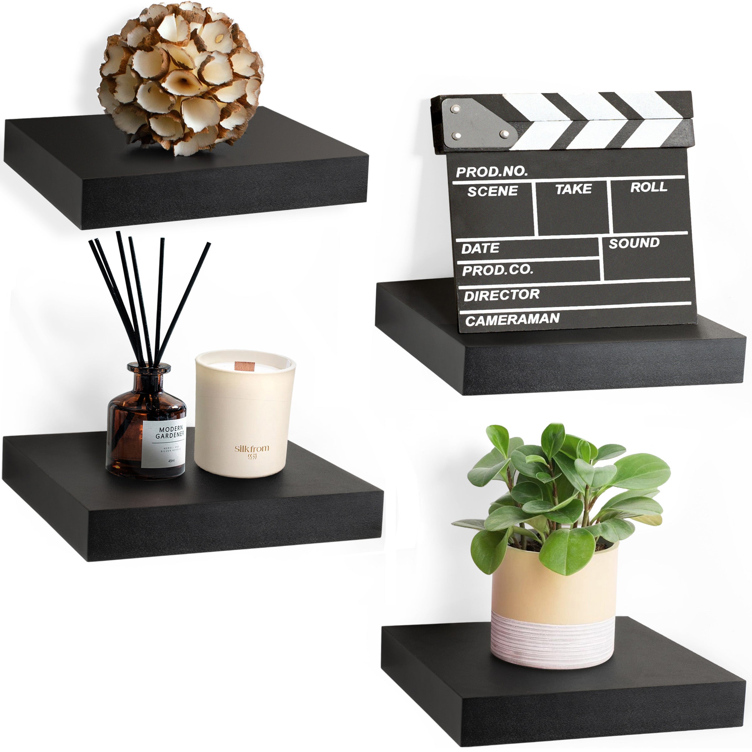sorbus 4 pack metal hanging planter basket Sorbus Mahogany 9" Square Tile Floating Wall Shelves, Set of 4