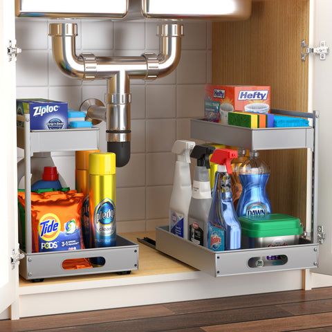 2-Tier Pull Out Under Sink Organizer with Sliding Tracks 2-Tier Pull Out Under Sink Organizer with Sliding Tracks