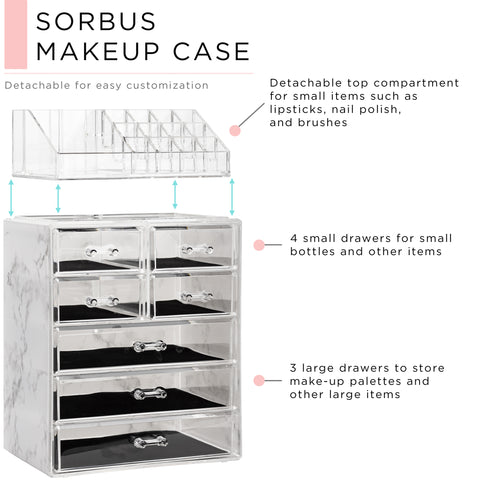 Medium Marble Makeup Organizer Set - (3 large / 4 small drawers/top tray)