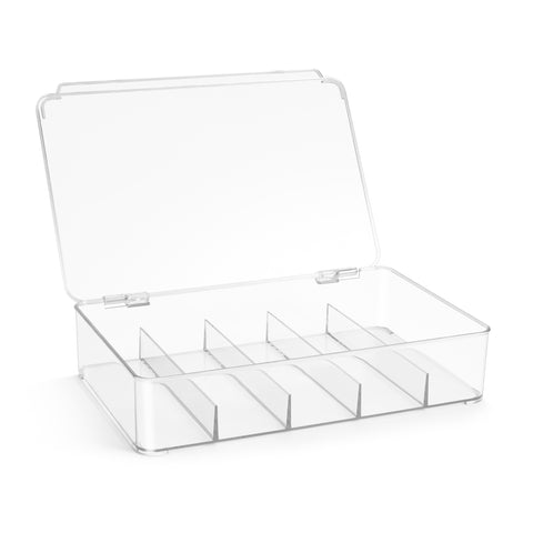 This clear, shatter-resistant acrylic eyeglass case is designed to keep your eyewear organized and protected. It stores up to five pairs of glasses, including sunglasses, prescription glasses, and fashion accessories. The stylish, stackable design is perfect for small spaces like apartments or townhouses, and the case can also be used for organizing jewelry, cosmetics, watches, and other essentials. Each compartment keeps items secure and dust-free, with an easy-to-open lid featuring a steel metal hinge. Av