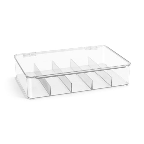 This clear, shatter-resistant acrylic eyeglass case is designed to keep your eyewear organized and protected. It stores up to five pairs of glasses, including sunglasses, prescription glasses, and fashion accessories. The stylish, stackable design is perfect for small spaces like apartments or townhouses, and the case can also be used for organizing jewelry, cosmetics, watches, and other essentials. Each compartment keeps items secure and dust-free, with an easy-to-open lid featuring a steel metal hinge. Av