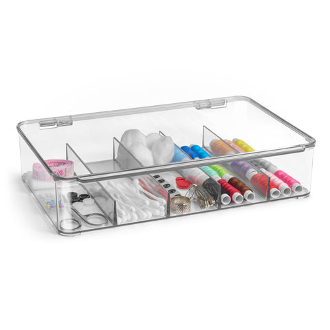 This clear, shatter-resistant acrylic eyeglass case is designed to keep your eyewear organized and protected. It stores up to five pairs of glasses, including sunglasses, prescription glasses, and fashion accessories. The stylish, stackable design is perfect for small spaces like apartments or townhouses, and the case can also be used for organizing jewelry, cosmetics, watches, and other essentials. Each compartment keeps items secure and dust-free, with an easy-to-open lid featuring a steel metal hinge. Av