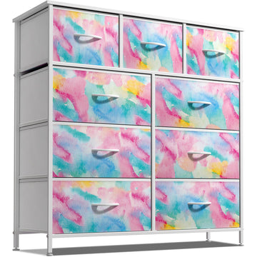 Sorbus 9-Drawer Dresser Nightstand End Table, Steel Frame, Wood Top, Tie-Dye Pink Sorbus 9-Drawer Dresser Nightstand End Table, Steel Frame, Wood Top, Tie-Dye Pink