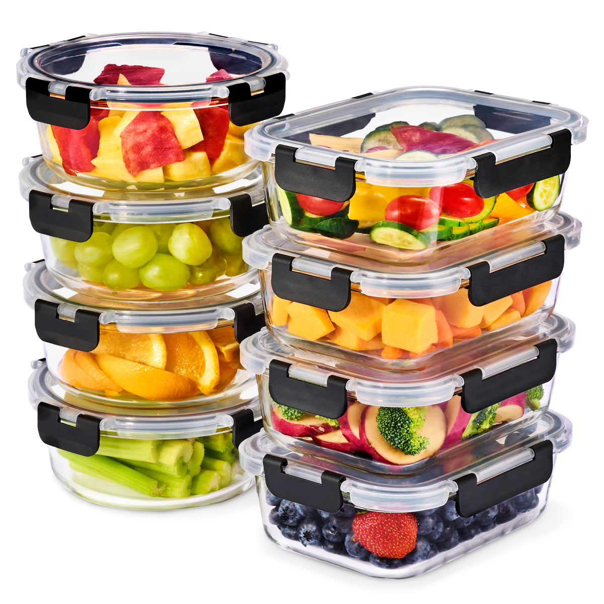 Glass Meal Prep Containers Airtight Lids Mix Shape (Set of 8)