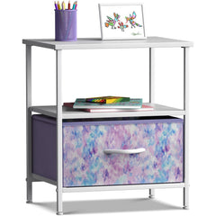 1 Drawer Nightstand with Shelf Steel Frame MDF Wood Top & Easy Pull-Out Foldable Fabric Bins