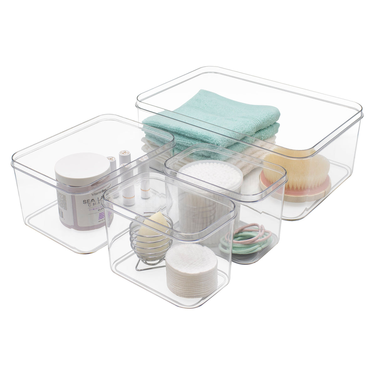 Clear, stackable storage bins with lids provide an organized and clutter-free solution for any room. This set of four bins in various sizes is perfect for organizing bedroom essentials, toiletries, cosmetics, or craft supplies. The transparent design allows for quick item identification, while the nesting functionality offers flexible storage options. Durable and stylish, these bins are made from high-quality plastic and measure approximately 4.0 inches high, 7.4 inches wide, and 11.5 inches deep.