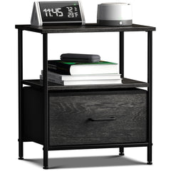 1 Drawer Nightstand With Shelf Steel Frame MDF Wood Top & Pull-Out Foldable Fabric Bins