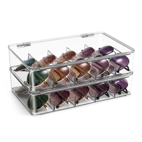 This clear, shatter-resistant acrylic eyeglass case is designed to keep your eyewear organized and protected. It stores up to five pairs of glasses, including sunglasses, prescription glasses, and fashion accessories. The stylish, stackable design is perfect for small spaces like apartments or townhouses, and the case can also be used for organizing jewelry, cosmetics, watches, and other essentials. Each compartment keeps items secure and dust-free, with an easy-to-open lid featuring a steel metal hinge. Av