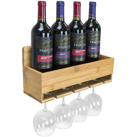 4 Bottle Glass Bamboo Wine & Stemware Rack