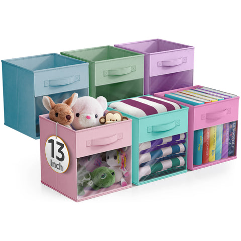 13" Large Cube Storage Bins with Window (6 Pack, Pastel)