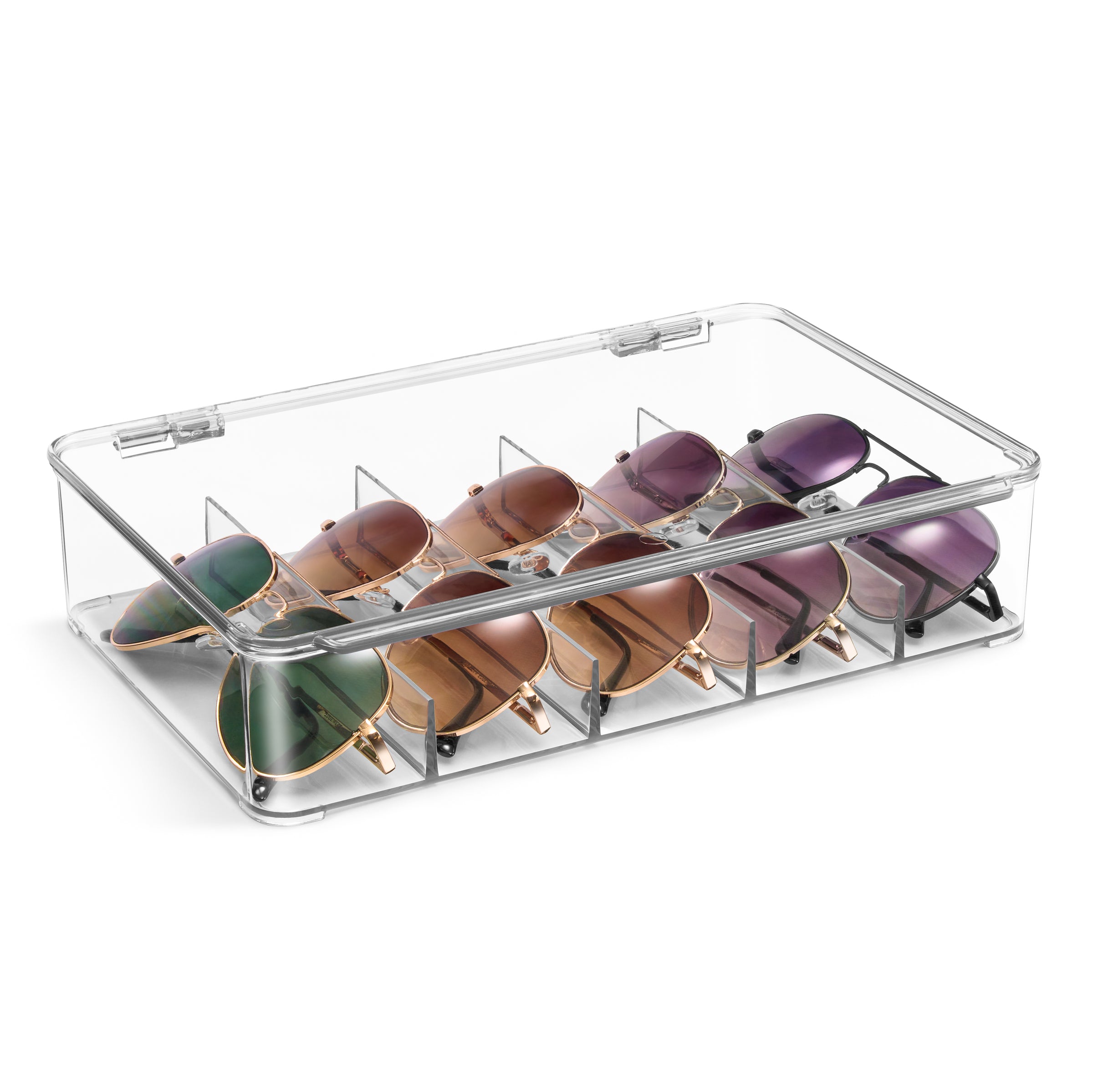 This clear, shatter-resistant acrylic eyeglass case is designed to keep your eyewear organized and protected. It stores up to five pairs of glasses, including sunglasses, prescription glasses, and fashion accessories. The stylish, stackable design is perfect for small spaces like apartments or townhouses, and the case can also be used for organizing jewelry, cosmetics, watches, and other essentials. Each compartment keeps items secure and dust-free, with an easy-to-open lid featuring a steel metal hinge. Av