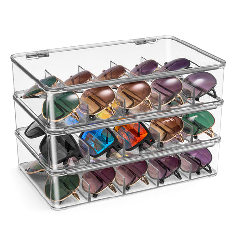 This clear, shatter-resistant acrylic eyeglass case is designed to keep your eyewear organized and protected. It stores up to five pairs of glasses, including sunglasses, prescription glasses, and fashion accessories. The stylish, stackable design is perfect for small spaces like apartments or townhouses, and the case can also be used for organizing jewelry, cosmetics, watches, and other essentials. Each compartment keeps items secure and dust-free, with an easy-to-open lid featuring a steel metal hinge. Av