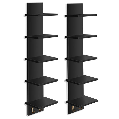 5 Tier Vertical Wall Shelf Unit with Hooks (Set of 2)