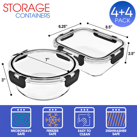 Glass Meal Prep Containers Airtight Lids Mix Shape (Set of 8)