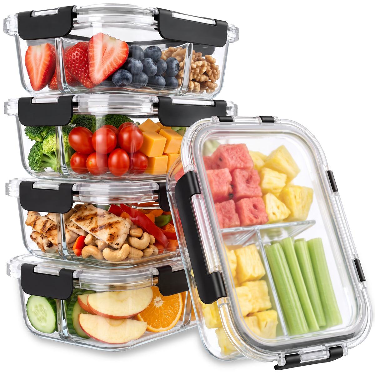 5-Pack 3-Compartment Food Storage Containers with Lids