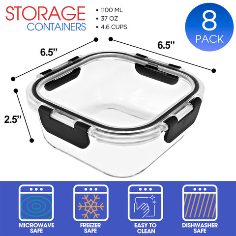 Square Glass Meal Prep Containers Airtight Lids (Set of 8)