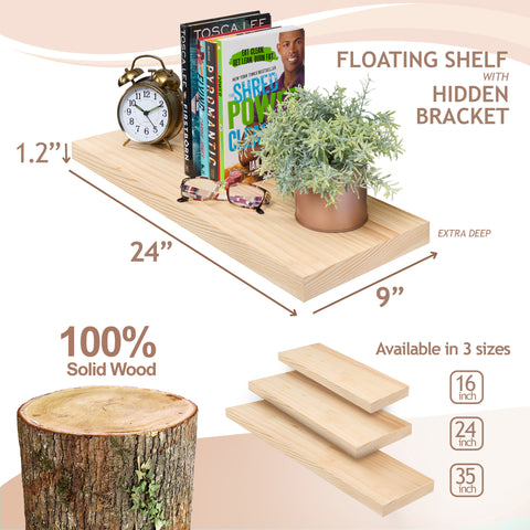 Solid Wood Floating Shelves (Set of 2, 24”)