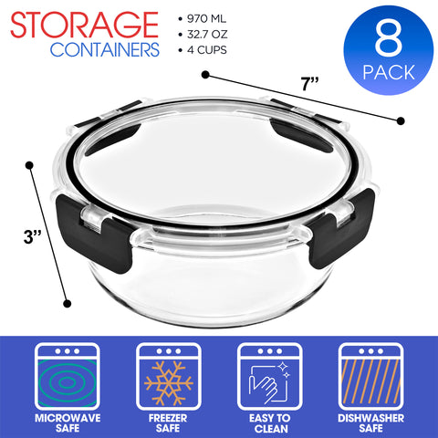 Glass Round Food Containers with Airtight Lids (8 Pack)