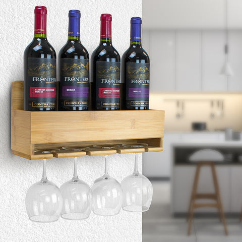 4 Bottle Glass Bamboo Wine & Stemware Rack