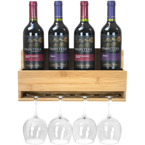 4 Bottle Glass Bamboo Wine & Stemware Rack