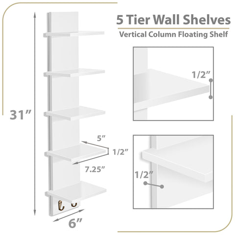 5 Tier Vertical Wall Shelf Unit with Hooks (Set of 2)