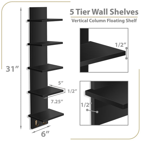 5 Tier Vertical Wall Shelf Unit with Hooks