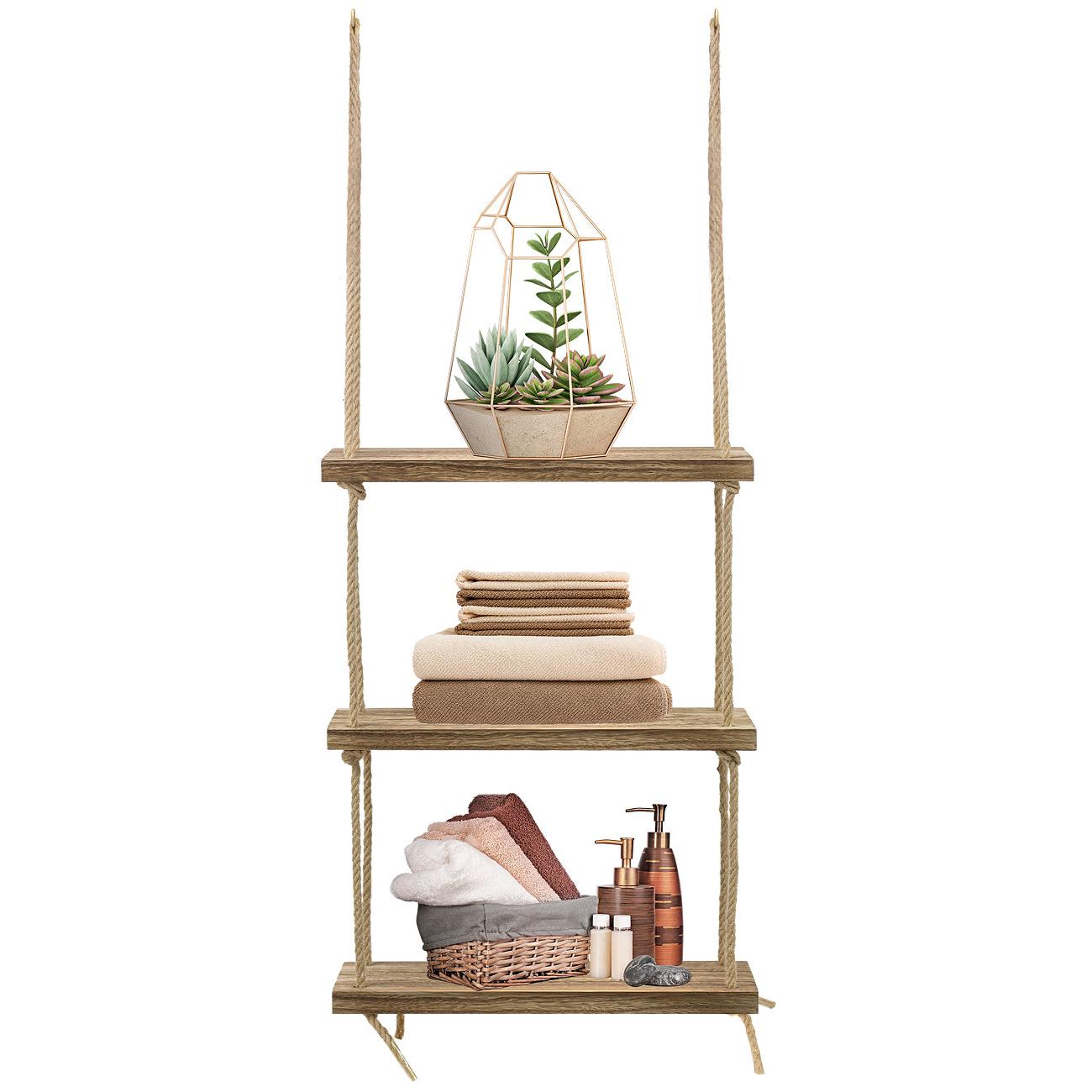 floating shelf with hanging plants Sorbus wood hanging shelf 3-tier Rustic wood swing storage shelves rope organizer rack, floating display shelves (Mahogany)