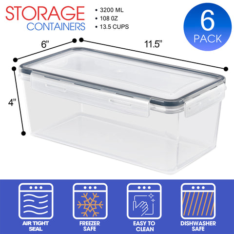 Long Rectangular Airtight Food Storage Containers with Lids (6 Pack)