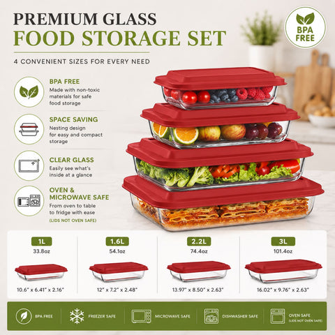 Deep Glass Baking Dish Set with Lids (8 Pcs)