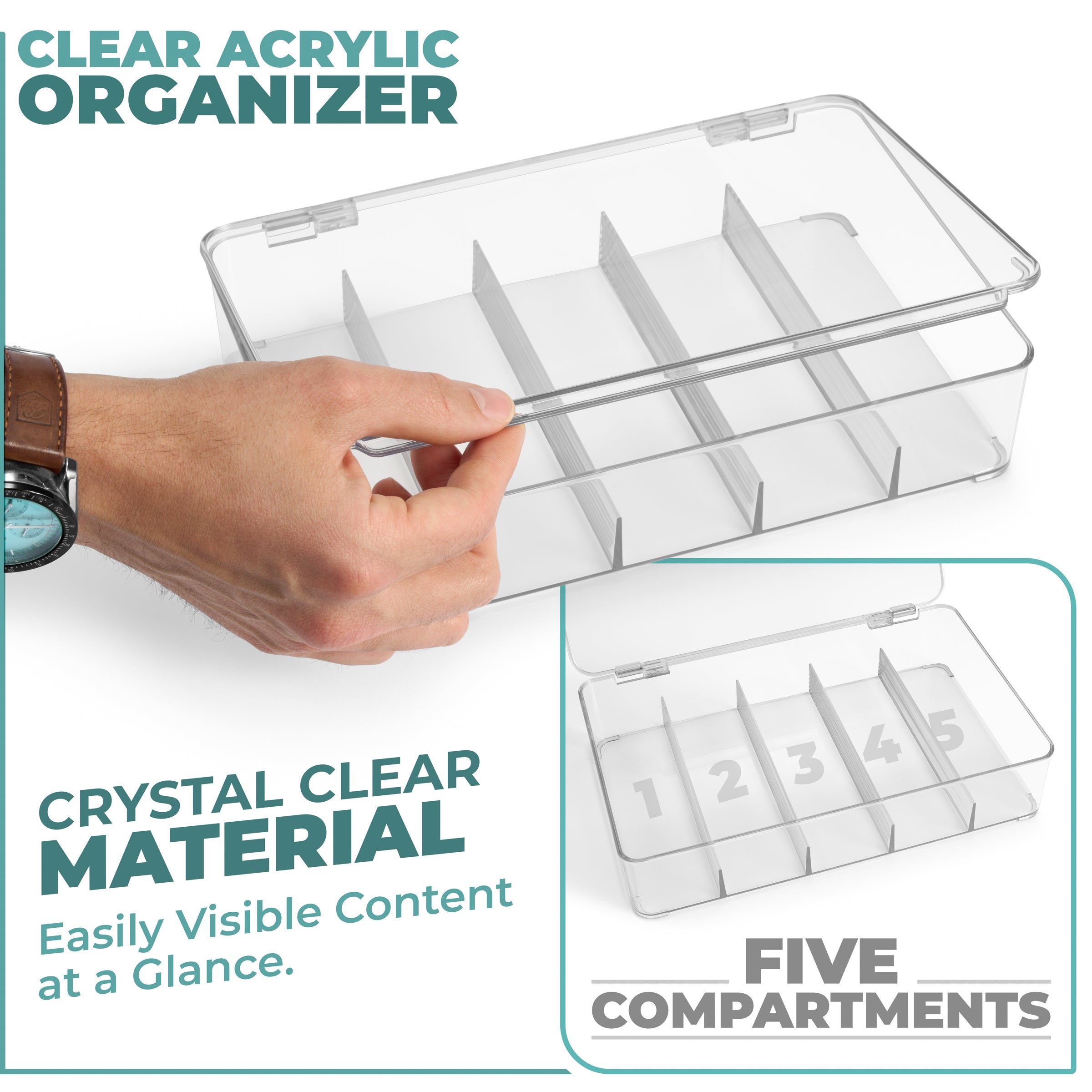 This clear, shatter-resistant acrylic eyeglass case is designed to keep your eyewear organized and protected. It stores up to five pairs of glasses, including sunglasses, prescription glasses, and fashion accessories. The stylish, stackable design is perfect for small spaces like apartments or townhouses, and the case can also be used for organizing jewelry, cosmetics, watches, and other essentials. Each compartment keeps items secure and dust-free, with an easy-to-open lid featuring a steel metal hinge. Av