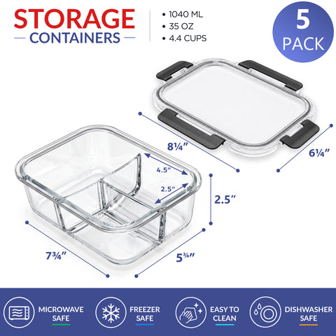 5-Pack 3-Compartment Food Storage Containers with Lids