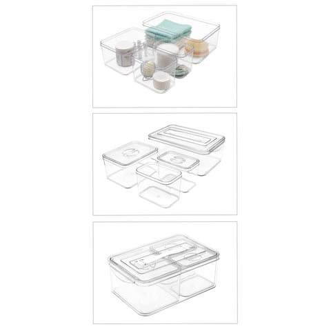 Clear, stackable storage bins with lids provide an organized and clutter-free solution for any room. This set of four bins in various sizes is perfect for organizing bedroom essentials, toiletries, cosmetics, or craft supplies. The transparent design allows for quick item identification, while the nesting functionality offers flexible storage options. Durable and stylish, these bins are made from high-quality plastic and measure approximately 4.0 inches high, 7.4 inches wide, and 11.5 inches deep.