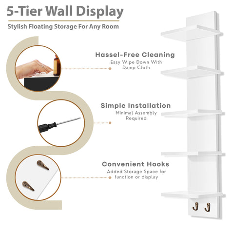 5 Tier Vertical Wall Shelf Unit with Hooks