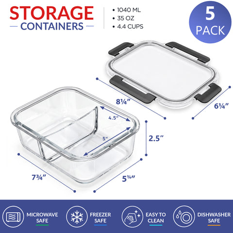 5-Pack 2-Compartment Food Storage Containers with Lids