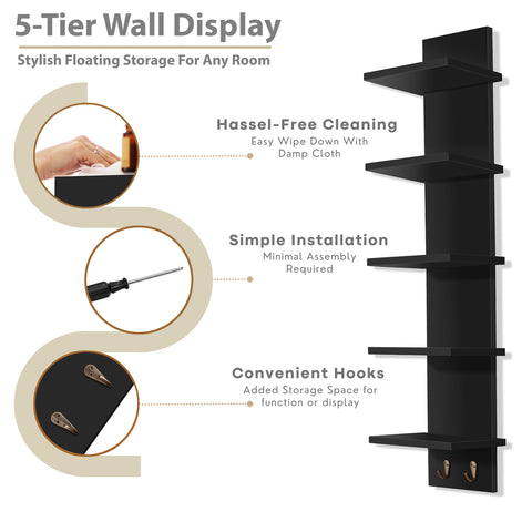 5 Tier Vertical Wall Shelf Unit with Hooks (Set of 2)