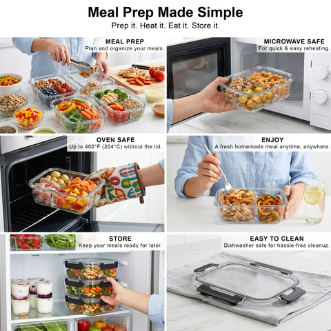 5-Pack 3-Compartment Food Storage Containers with Lids