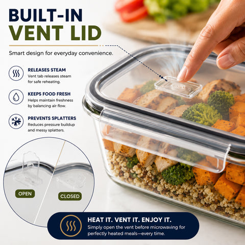 Glass Food Storage Containers with Lids and Vents