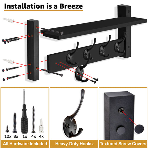 Coat Hooks Wall Mount Floating Shelf (Large & XL)