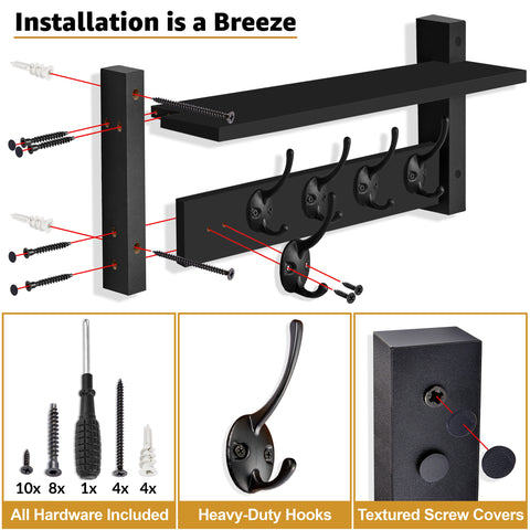 Coat Hooks Wall Mount Floating Shelf (Large & XL)