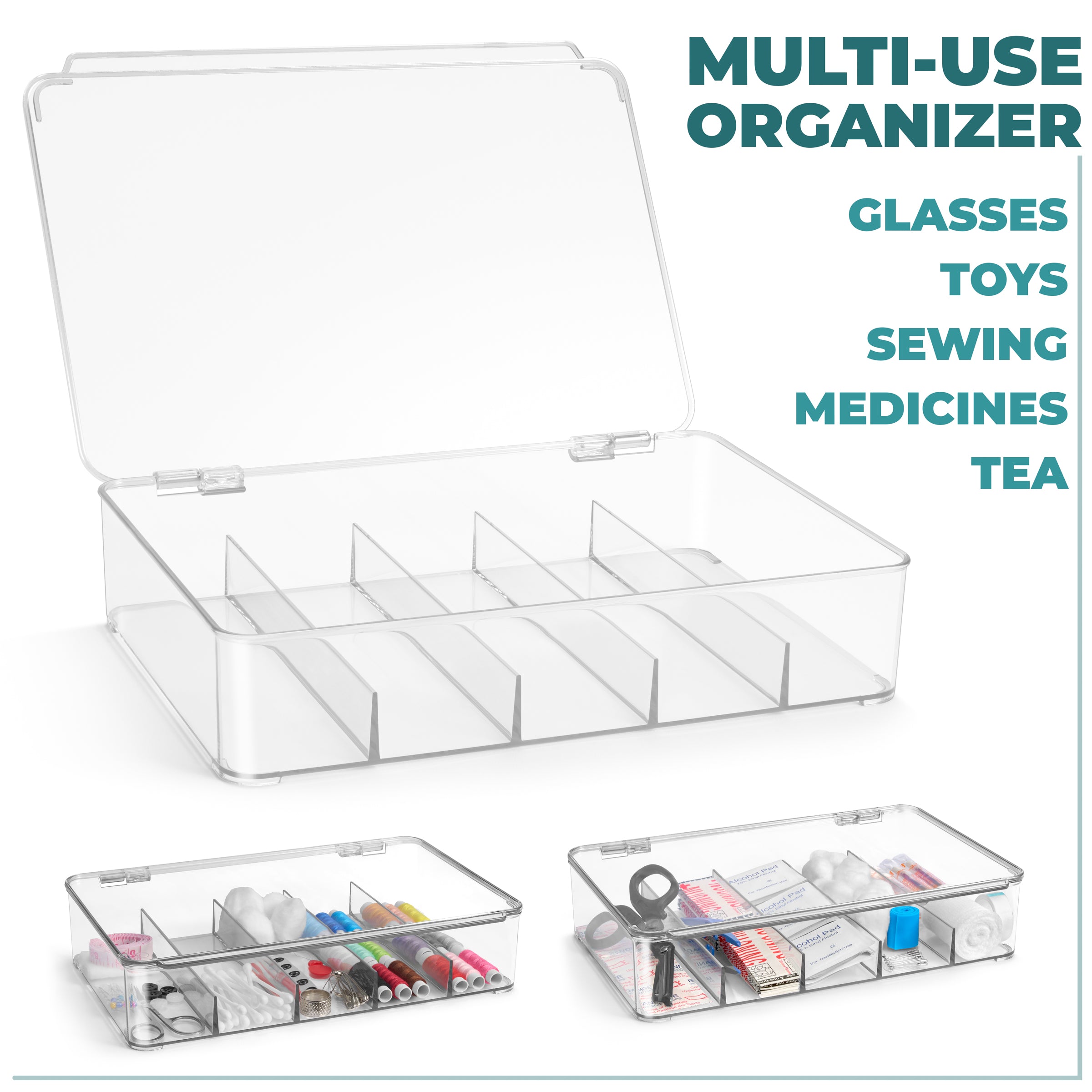 This clear, shatter-resistant acrylic eyeglass case is designed to keep your eyewear organized and protected. It stores up to five pairs of glasses, including sunglasses, prescription glasses, and fashion accessories. The stylish, stackable design is perfect for small spaces like apartments or townhouses, and the case can also be used for organizing jewelry, cosmetics, watches, and other essentials. Each compartment keeps items secure and dust-free, with an easy-to-open lid featuring a steel metal hinge. Av