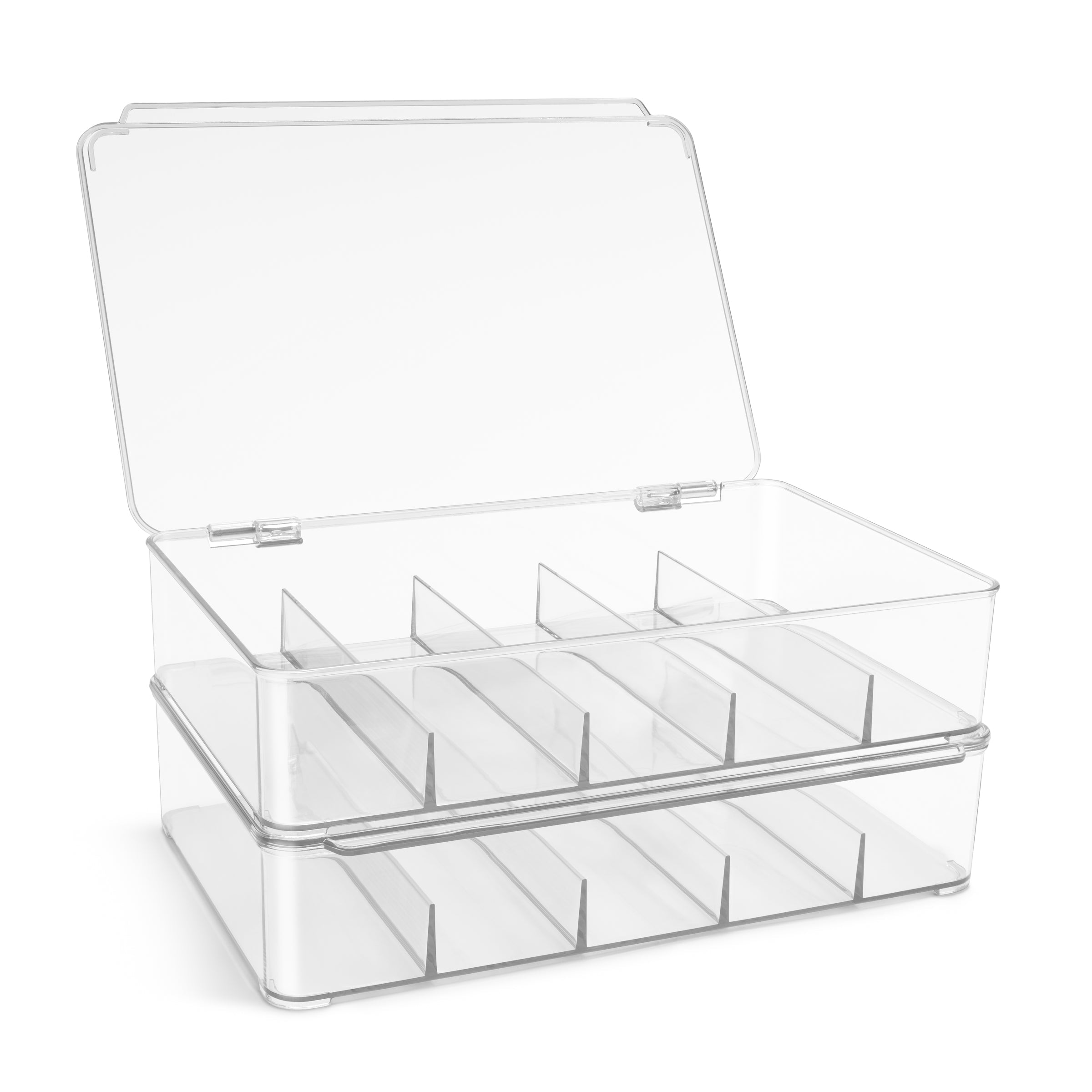 This clear, shatter-resistant acrylic eyeglass case is designed to keep your eyewear organized and protected. It stores up to five pairs of glasses, including sunglasses, prescription glasses, and fashion accessories. The stylish, stackable design is perfect for small spaces like apartments or townhouses, and the case can also be used for organizing jewelry, cosmetics, watches, and other essentials. Each compartment keeps items secure and dust-free, with an easy-to-open lid featuring a steel metal hinge. Av