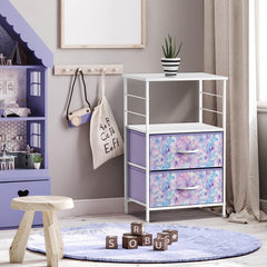 2-Drawer Tall Nightstand Table Storage Shelf Steel Frame Wood Top & Pull-Out Foldable Fabric Bins