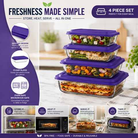 Deep Glass Baking Dish Set with Lids (8 Pcs)