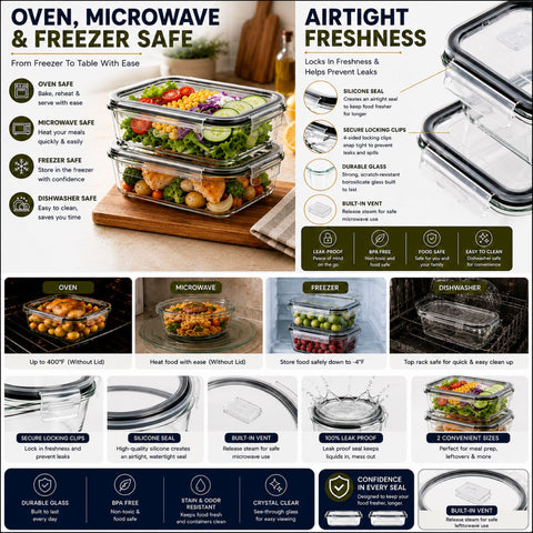 Glass Food Storage Containers with Lids and Vents