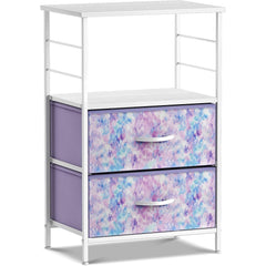 2-Drawer Tall Nightstand Table Storage Shelf Steel Frame Wood Top & Pull-Out Foldable Fabric Bins