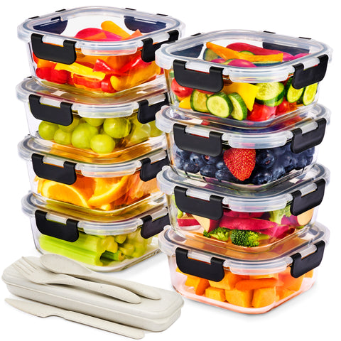 Square Glass Meal Prep Containers Airtight Lids (Set of 8)