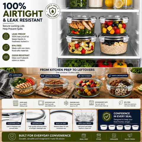 Round Glass Food Storage Containers with Lids