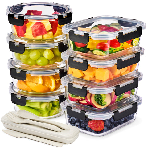 Glass Meal Prep Containers Airtight Lids Mix Shape (Set of 8)