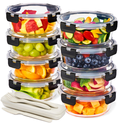 Glass Round Food Containers with Airtight Lids (8 Pack)